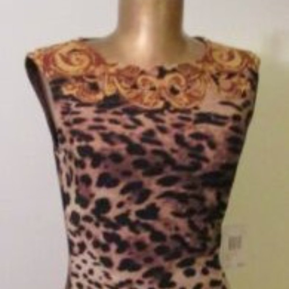 CARMEN MARC VALVO $128 BLACK LEOPARD ANIMAL GOLD SLEEVELESS DRESS XS 2 4 NWT